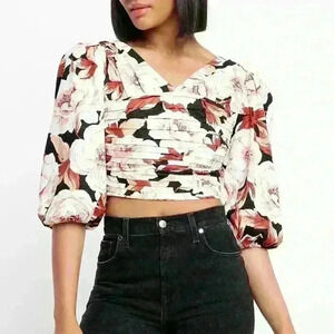 😍 NWT 😍 Express Floral Print Linen-Blend Ruched Cropped Top, Size XS